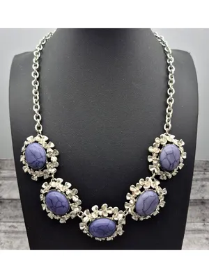 Silver-Tone Necklace W/ Purple Marble Stones & Floral Accents 21" Chain Length thumbnail 4