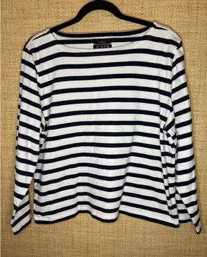 J.Crew Womens XL Navy Blue‎ White Striped Long Sleeve Boat Neck Cotton Tee Shirt thumbnail 1