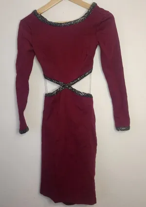 Windsor Long Sleeve Cutout Dress‎ in Burgundy with Silver Trim thumbnail 1