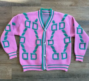 Source Unknown Pink & Green Coquette Kawaii Geometric Knit Cardigan Size Medium thumbnail 1