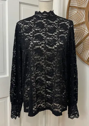 Black Lace High Neck Blouse L Sheer Floral Dark Academia Romantic Victorian Goth thumbnail 1