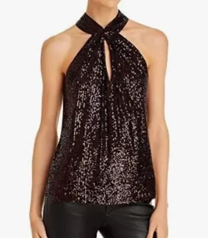 Parker Dallas Sleeveless Twist Halter Lined Burgundy Sequined Top Size Medium thumbnail 1