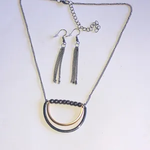 Dark Metal Two-Tone Half-Circle Pendant Necklace & Tassel Earring Set thumbnail 4