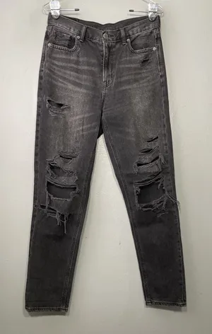 American Eagle Mom Jeans Size 4 Long Black Distressed Denim Emo Grunge Thrashed thumbnail 1