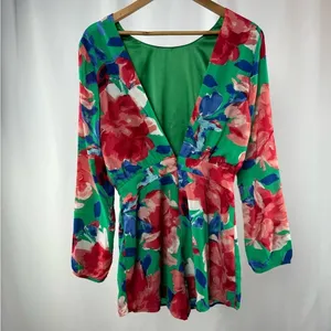 Lulus Sweetest Song‎ Floral Print Backless Long Sleeve Romper in Green Size Med thumbnail 6