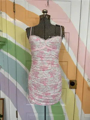 LoveShackFancy X Victorias Secret Charlamagne Pink Ruched Lace Dress Sz XS💛🎀 thumbnail 3