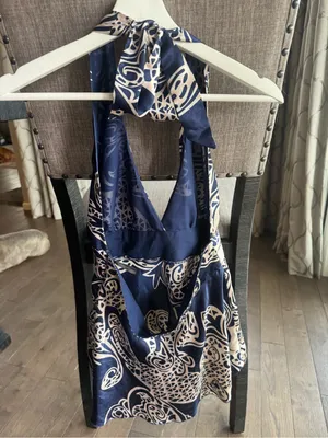 Wet Seal Navy and White Halter Dressy Tank with Decorative Print thumbnail 3