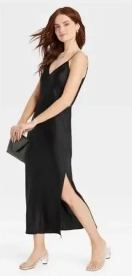 A NEW DAY Satin Cami V-Neck Sleeveless Midi Length Slip Dress in Black Size XL thumbnail 1