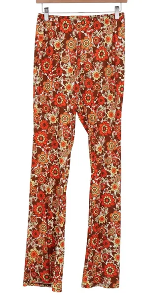 SHEIN Womens Retro Floral Flare Pants Orange Brown 70s Style Size M thumbnail 1