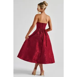 NWT Babyboo Saoirse Red Floral Jacquard Strapless Fit & Flare Midi Dress Size S thumbnail 6
