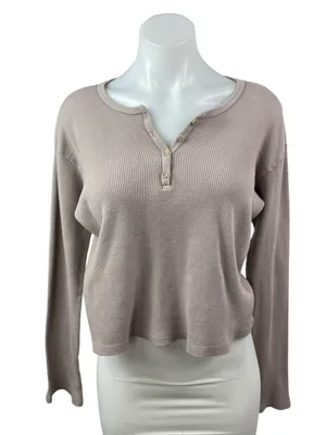 Brandy Melville Beige Taupe Waffle Knit Long Sleeve Henley Thermal Crop Top S/M thumbnail 1