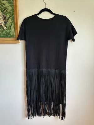 French Connection Fringe Short Sleeve V Neck Dress Black Womens 2 Stretch thumbnail 6