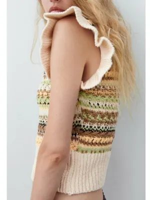 Zara Flutter Sleeve Knit Sweater Vest Striped Cottagecore Fall Small thumbnail 2