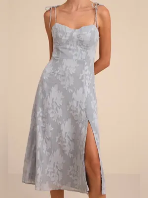 Lulus Loveliest Looks Dusty Blue Floral Jacquard Tie-Strap Midi Size Large thumbnail 4