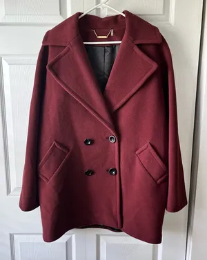 Trina Turk Coat Woman 14 Peacoat Double Breasted Maroon Jacket Wool Cashmere thumbnail 1