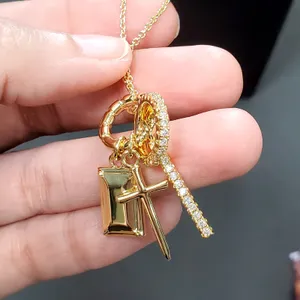 Gold Tone Religion Cross Spiritual Necklace 10" Dangle Charm thumbnail 3