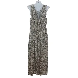 Old Navy Women's L Floral Smocked Waist V-Neck Maxi Dress Beige Brown Sleeveless thumbnail 4