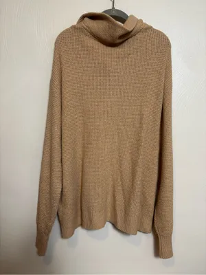 Aerie Cozy Up Waffle Knit Oversized Collar Quarter Button Tan Sweater Size L thumbnail 5
