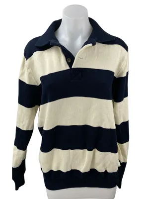 Brandy Melville Blue Cream Stripe Collared Long Sleeve Henley Sweater Top Size M thumbnail 1