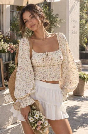 Charlie Holiday Bobby Floral Smocked Crop Top Blouse Puff Sleeve Cottagecore thumbnail 1