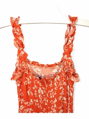 LULUS Women’s Garden Date Red Orange Floral Print Ruffle Midi Dress size XXS thumbnail 13