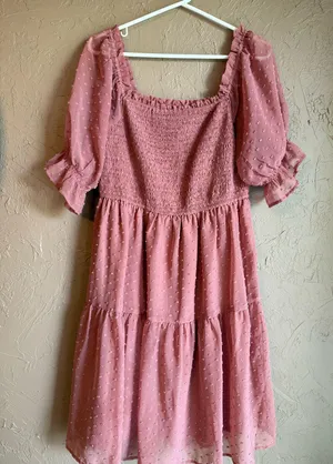 Pink ruffle Tecrew dress with puff sleeves thumbnail 1