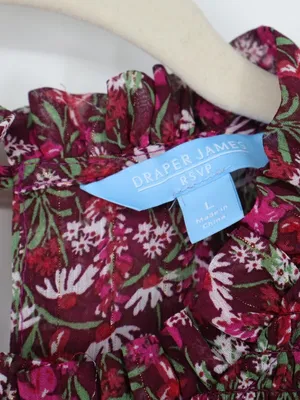 Draper James RSVP Smocked Floral Dress L Burgundy Metallic Long Sleeve Cottageco thumbnail 5