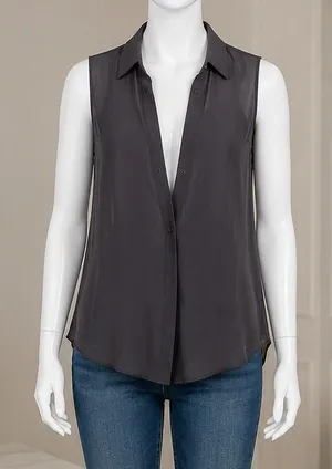H&M Women Sleeveless Blouse Charcoal Gray Button Down Chiffon Top Size 2 thumbnail 1