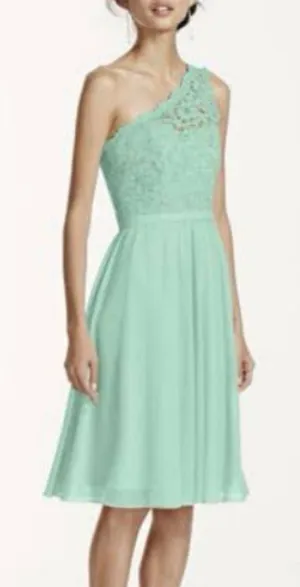 David’s Bridal One Shoulder Lace Mint Green Bridesmaid Dress Size 4 EUC thumbnail 1