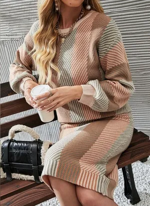 SheIn Sweater Skirt Set Chunky Knit Sand Earth Tones Coordinating Monochrome Old Money thumbnail 1