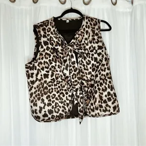 Source Unknown Brown and Tan Tie Front Sleeveless Blouse thumbnail 1