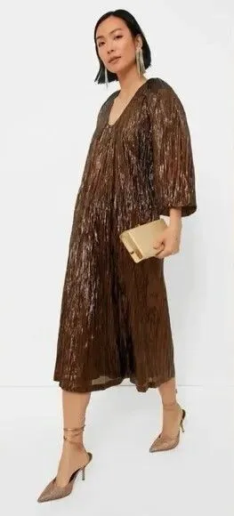 Tuckernuck Hyacinth‎ House Brown Metallic Pleated Dress Small NWT thumbnail 1