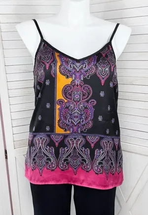 Express Damask Paisley Satin Camisole Tank Top Black Pink Multi Large Y2K‎ Boho thumbnail 1