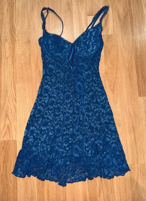 Jaeger Vintage Royal Blue Floral Lace Mini Dress Underwire Ribbon Slip Small A1184F thumbnail 1