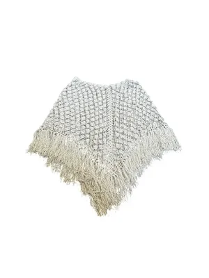 Vintage Cream Open Weave Crochet Knit Poncho Fringe Boho Chic Cottagecore thumbnail 6