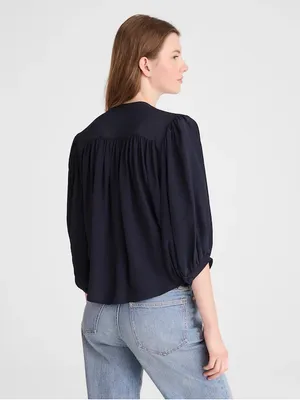 Madewell Shirred Crewneck Button-Up Top crepe de chine navy 3/4 sleeve Sz S NWT thumbnail 2