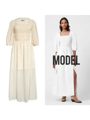 NWT All Saints Livi Tex Maxi Dress 6 Off White Ruched Puff Sleeve Smocked Slit thumbnail 2