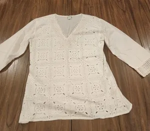 646 Main white eyelet embroidered short sleeve top tunic large 100% cotton thumbnail 2