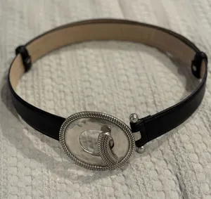 Chico's Black Leather Belt with Silver Hammered Oval Toggle Buckle Size S/M thumbnail 1