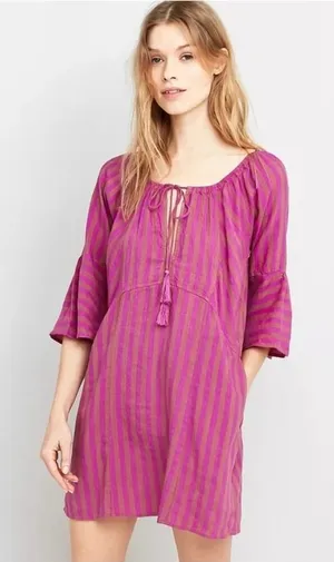 Free People Folk Town Linen Blend Purple‎ & Tan Striped Mini Dress Size S thumbnail 1