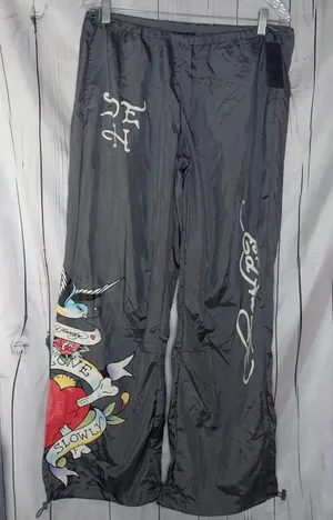 Ed Hardy Nylon Baggy Y2K Style Parachute Pants With Tattoo Graphic. NWT thumbnail 1