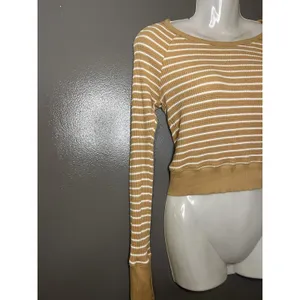 OFFLINE By Aerie Sweater Womens Small Beige Striped Waffle Knit Boat Neck Soft thumbnail 3