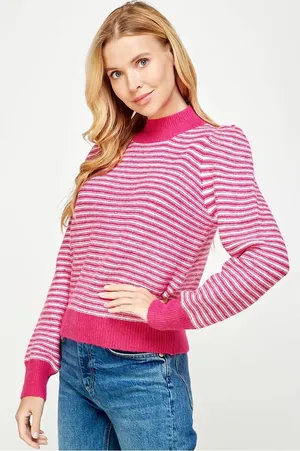 Strut & bolt striped pattern mock neck puff sleeve sweater thumbnail 1