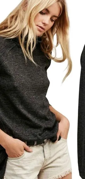 WE THE FREE People Charcoal Split Back Long Sleeve Turtleneck Tunic Top thumbnail 1