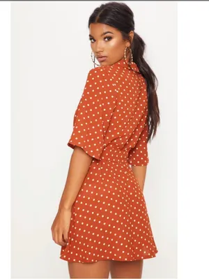 PrettyLittleThing Rust Polka Dot Wrap Mini Dress thumbnail 3