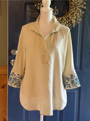 Tuckernuck Tan Floral Cuff Cotton Linen Willow Blouse size XS thumbnail 2