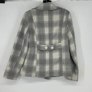 Old Navy Plaid Double Breasted Wool Blend Pea Coat Jacket Size L‎ Gray Cream thumbnail 2