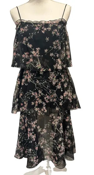 VTG 60-70s Black Chiffon Tiered Midi Dress Pink Floral Coquette Fairy Cottage XS thumbnail 1