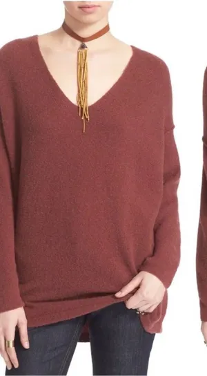 Free People Deep V-Neck Sweater Women S Rust Wool Blend Oversized‎ Tunic Pockets thumbnail 1
