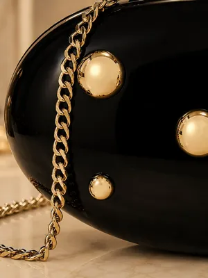 A new day Black Glossy Hard Shell Clutch Gold Studs Evening Bag OS thumbnail 2
